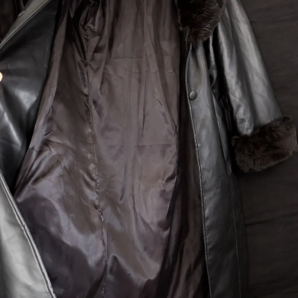 Black Leather Long Coat with Fur Trim - Picture 3 of 5